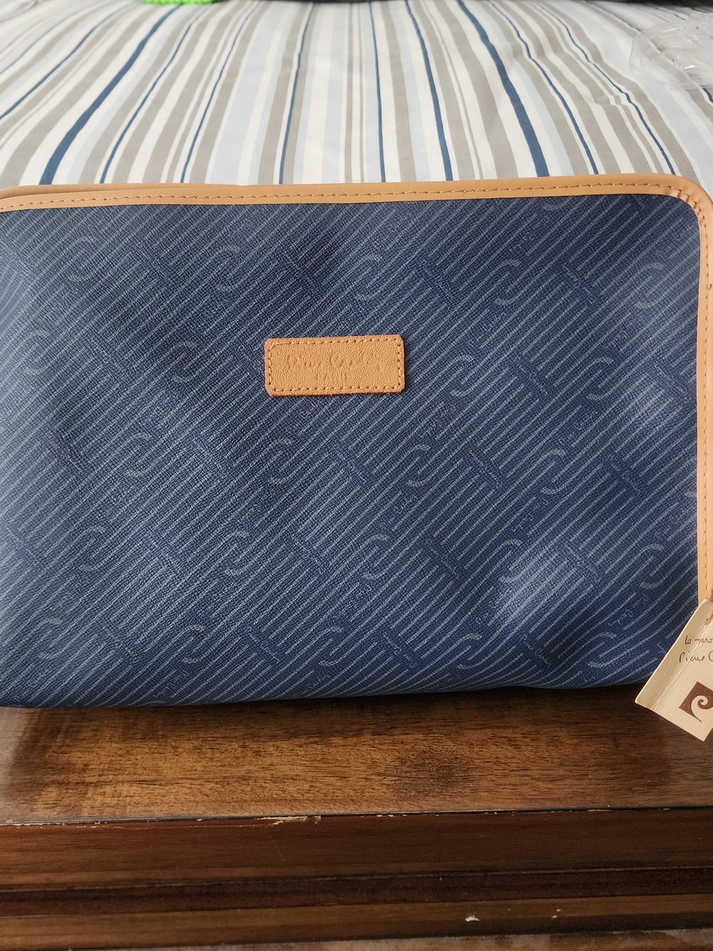 Vintage Pierre Cardin Navy and Tan Logo-Print Clutch/make Up Bag Made In France